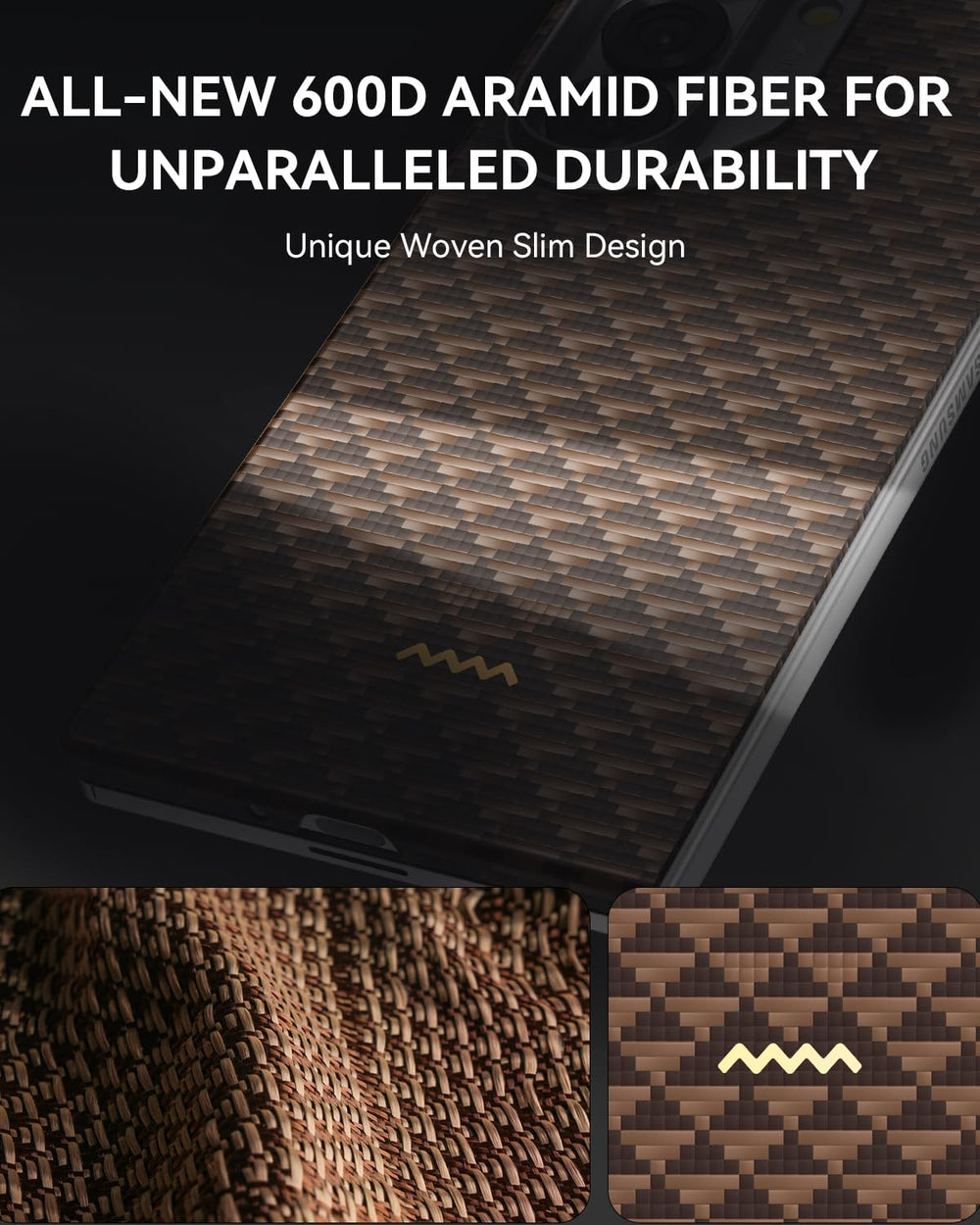 Close-up of the RAPTIC Samsung Galaxy Fold 7 Skin Case - Humble Desert, featuring a woven brown and black aramid fiber pattern. Large white text reads, “ALL-NEW 600D ARAMID FIBER FOR UNPARALLELED DURABILITY.” MagSafe compatible.