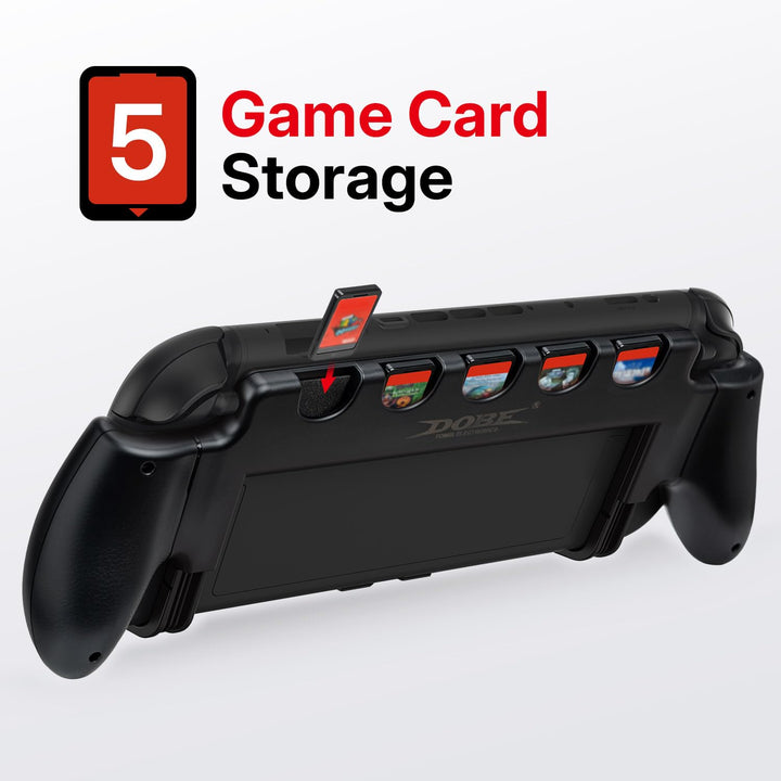 The MobileTechnica Console Grip with 5 Game Slots for Nintendo Switch 2 holds five game cards along the top. One card is shown being inserted, four are stored side by side, and "5 Game Card Storage" appears beside a red icon showing the number 5 on a white background.