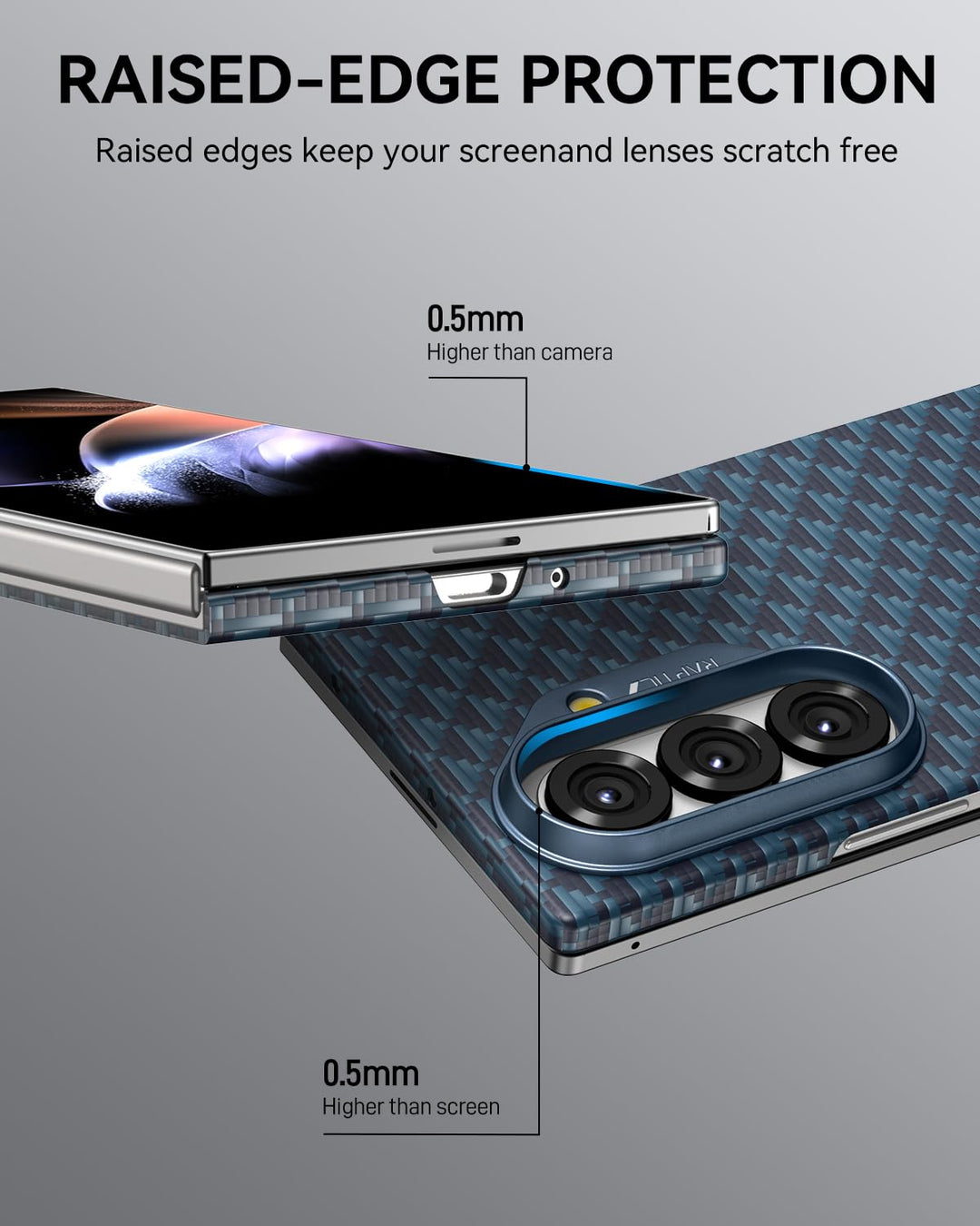 A close-up of the RAPTIC Profound Navy Samsung Galaxy Fold 7 Skin Case highlights its textured finish and raised edges 0.5mm above camera and screen for scratch protection. MagSafe compatible for added convenience.