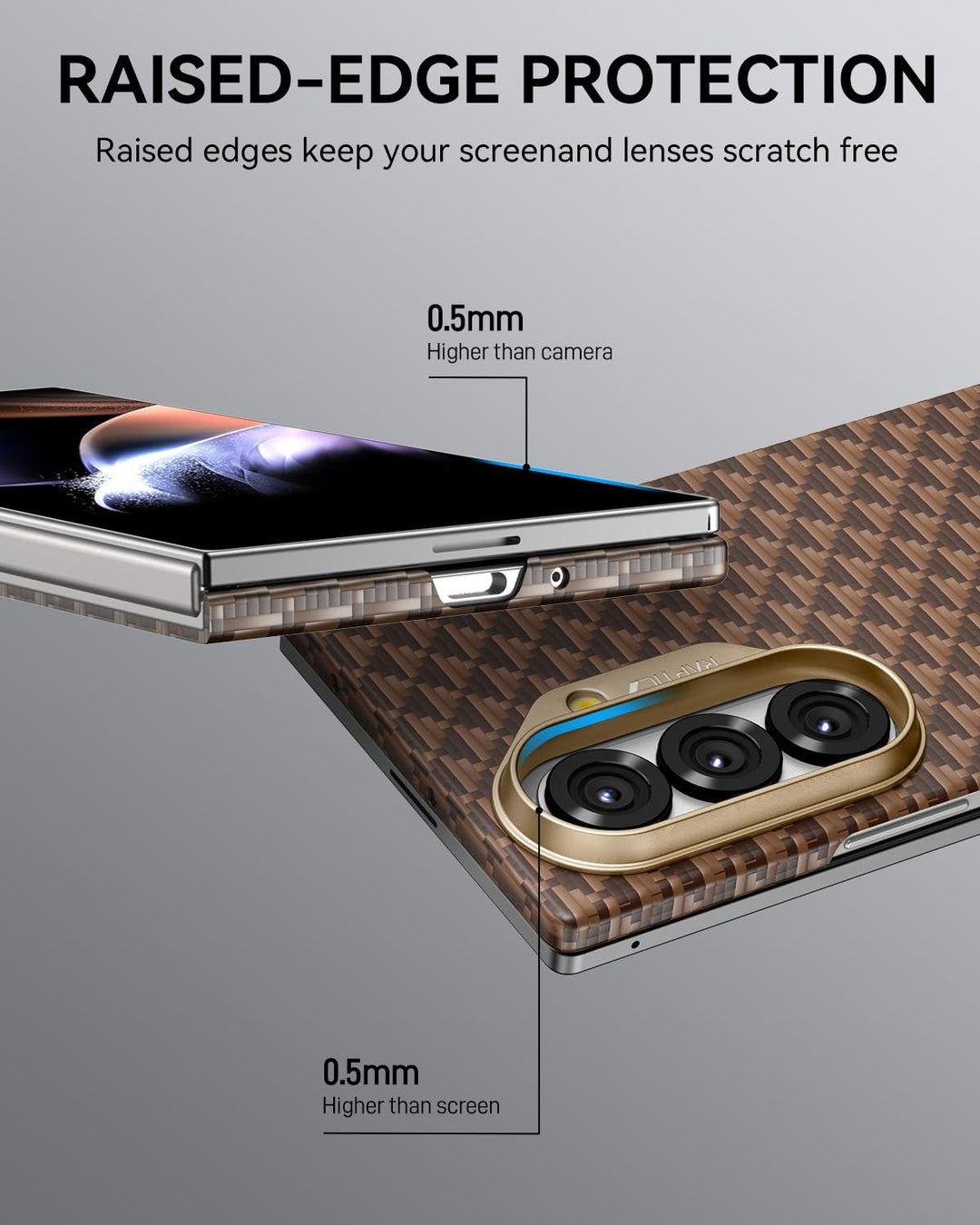 The RAPTIC Samsung Galaxy Fold 7 Skin Case - Humble Desert is shown from the side and back in a carbon-fiber style. Text notes raised edges—0.5mm above camera and screen—for added protection. Heading: “RAISED-EDGE PROTECTION.”.