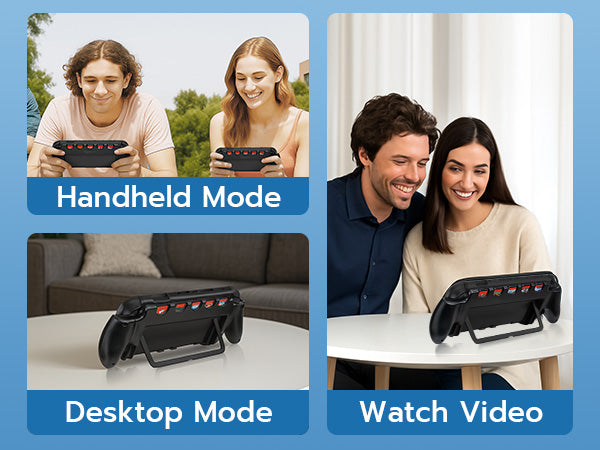 A young man and woman smile while playing a Nintendo Switch 2 using the MobileTechnica Console Grip with 5 Game Slots by Mcbazel. The device stands upright in desktop mode as another couple watches a video on the table.