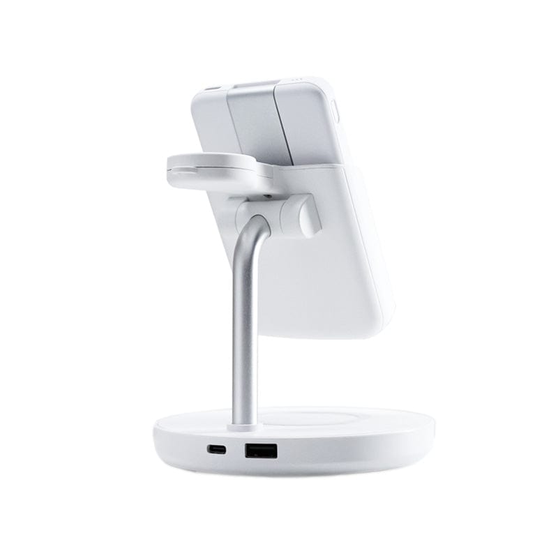 A modern white Urban 6-in-1 MagSafe M6 Wireless Charger Station with a curved stand and integrated magnetic wireless charging ports, designed to hold and charge electronic devices.