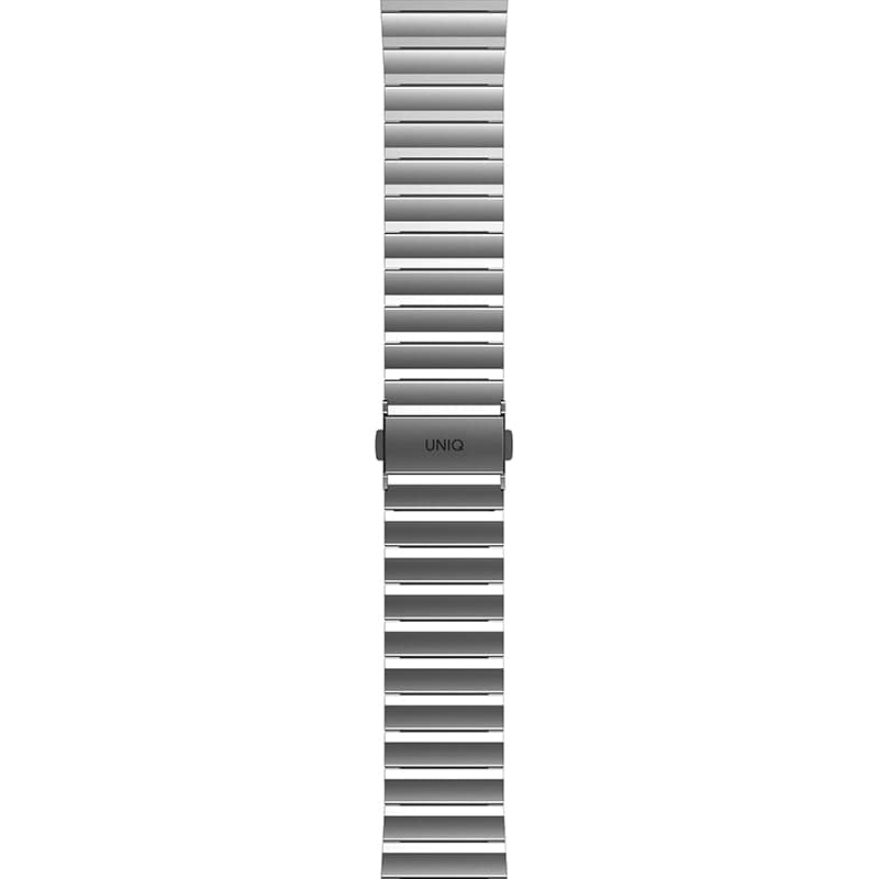 A sleek Apple Watch Stainless Steel Link Band on a white background with adjustable length.