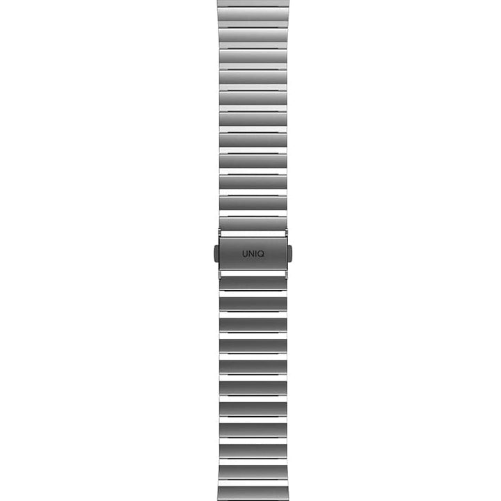 A sleek Apple Watch Stainless Steel Link Band on a white background with adjustable length.