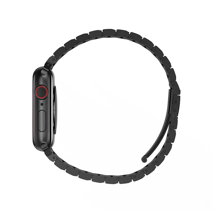 A sleek satin finishing black UNIQ stainless steel link band for the Apple Watch with adjustable length on a white background.
