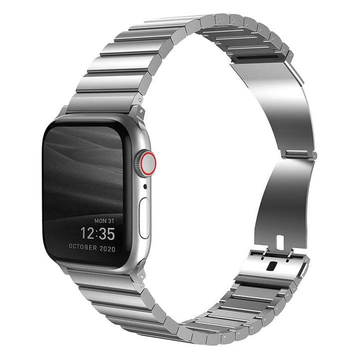A sleek satin finishing silver Apple Watch Stainless Steel Link Band - UNIQ Strova on a white background.
