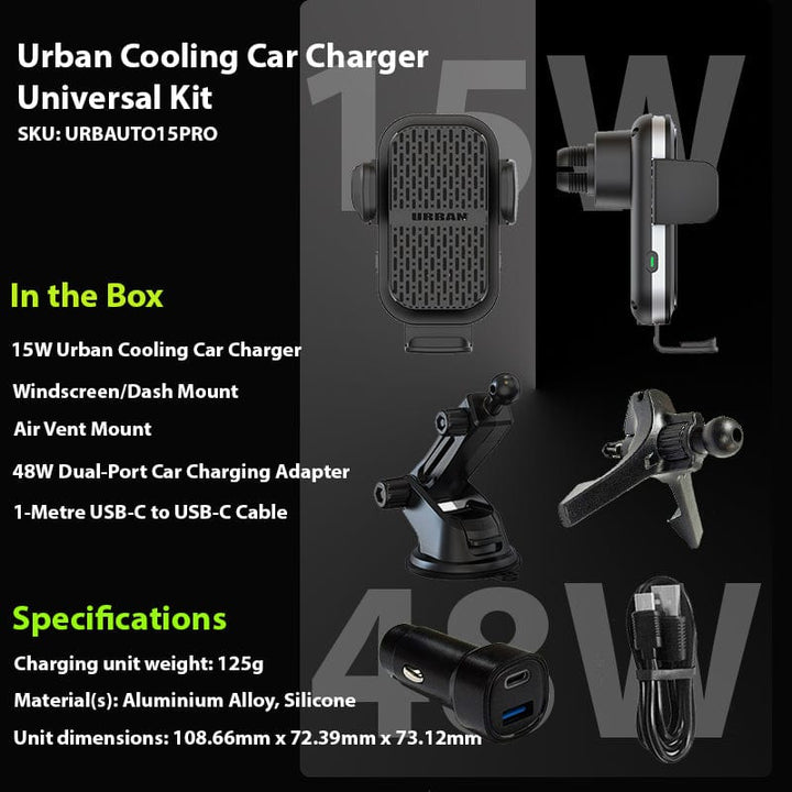 Image of the Urban Wireless Cooling Car Charger - Auto15 Pro (Complete Kit) from Urban, featuring a built-in cooling fan. The kit includes a 15W fast wireless charging pad, mounts, a 48W charger adapter, and a USB-C cable. It weighs 125g and is made from aluminum alloy and silicone. The dimensions are 108.66mm x 72.39mm x 73.12mm, with SKU: URBAUTO15.