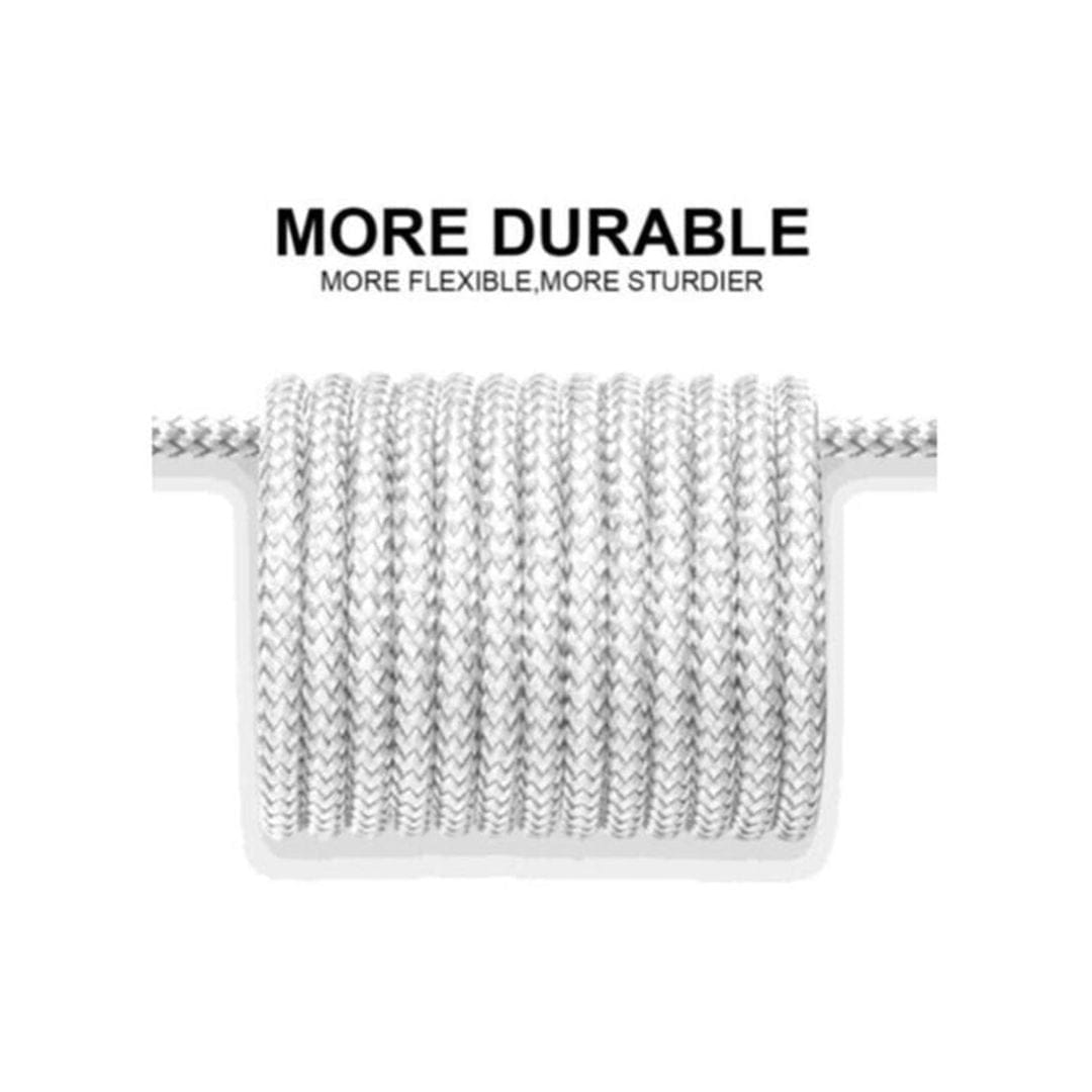 Coiled white braided Urban 100w USB-C Cable 1.2-metres with text "MORE DURABLE, MORE FLEXIBLE, MORE STURDIER" above it. Designed for 100W standard charging, this cable offers exceptional durability and flexibility by Urban.