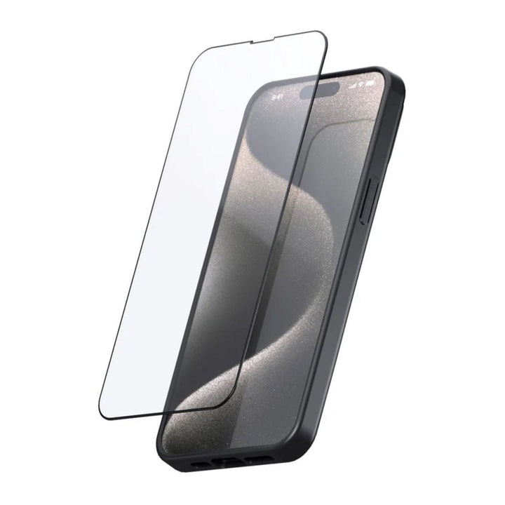 A smartphone with a dark case, featuring the Urban iPhone 15 Series Screen Protector - Crystal by Urban, made from 9H Japanese Asahi glass and partially covering the display for easy installation.