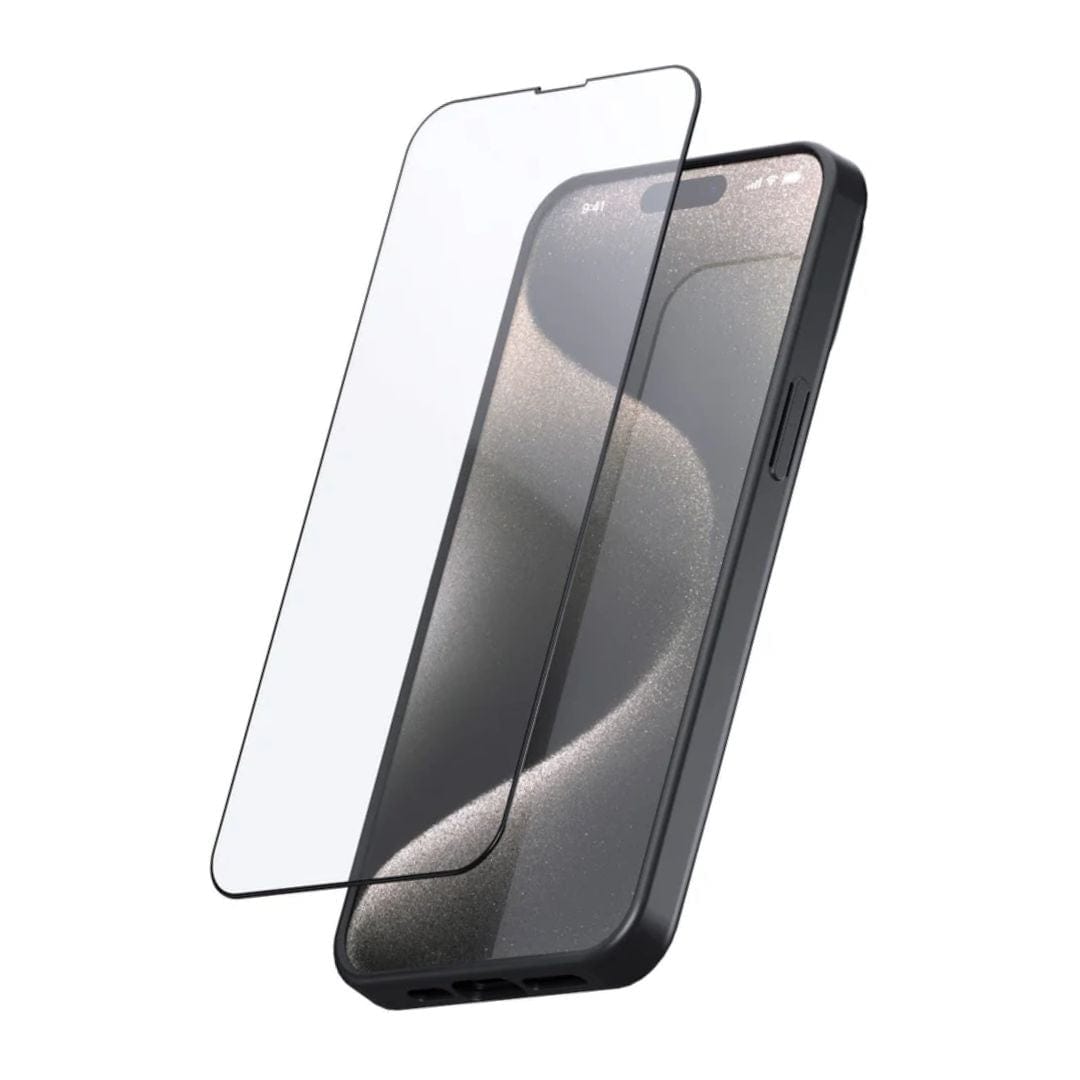 The image features a black smartphone, likely an iPhone 16, positioned at a slight angle with an Urban iPhone 16 Series Screen Protector placed slightly in front of it. The phone boasts a clean and minimalistic design, while the screen protector is transparent with curved edges, engineered for seamless DIY installation under the Urban brand.