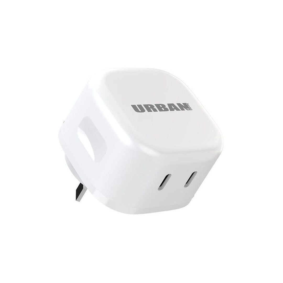 White cube-shaped wall charger with dual USB-C PD 3.0 ports and Power Delivery PPS: Urban's 45W GaN Dual C Wall Charger - Urban Charge.