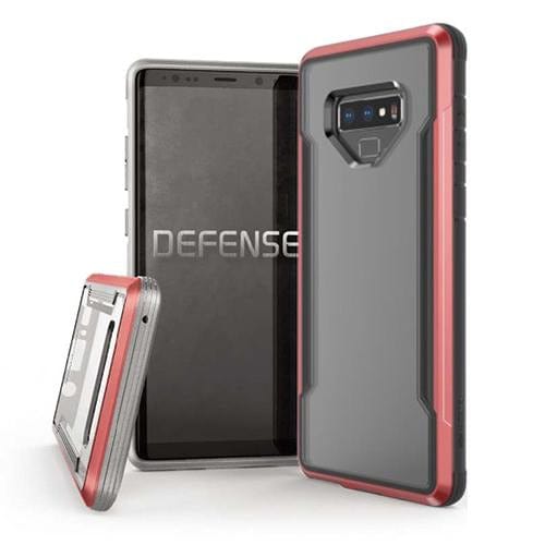 Three smartphones are shown with protective cases. Two phones are out of their cases, one facing front and one facing back, while the third phone is fully enclosed in an X-Doria Defense Shield Samsung Galaxy Note 9 Case by Raptic, which is military-grade and features a gray and red design.