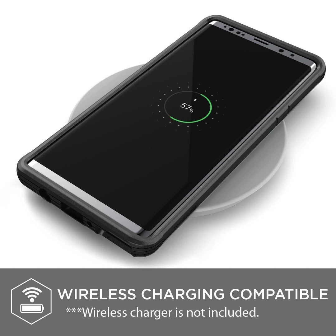 The X-Doria Defense Shield Samsung Galaxy Note 9 Case by Raptic on a wireless charging pad, demonstrating its wireless charging compatibility, even with the protective case. Note: Wireless charger not included.